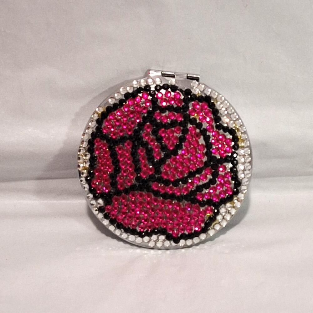 Rhinestone Pink Rose Round Compact Mirror – Unbranded